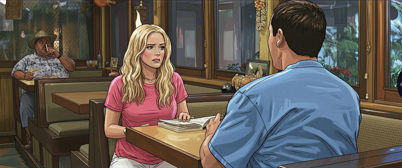 Lucy reading the journal at the diner