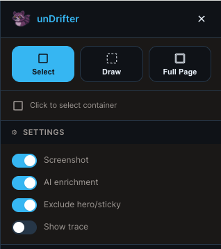 unDrifter Chrome capture panel